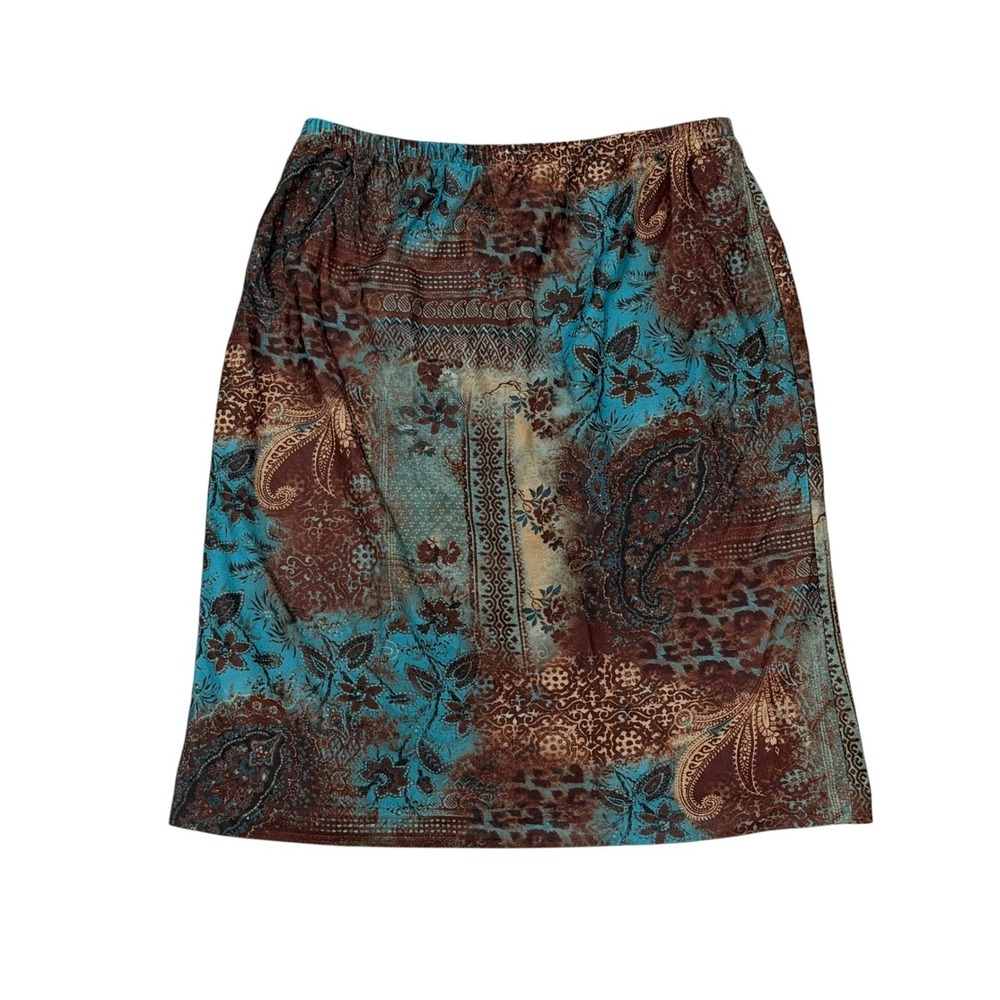 Vintage Midi Straight Skirt Paisley Leopard Print Turquoise Brown Y2K Size 12P